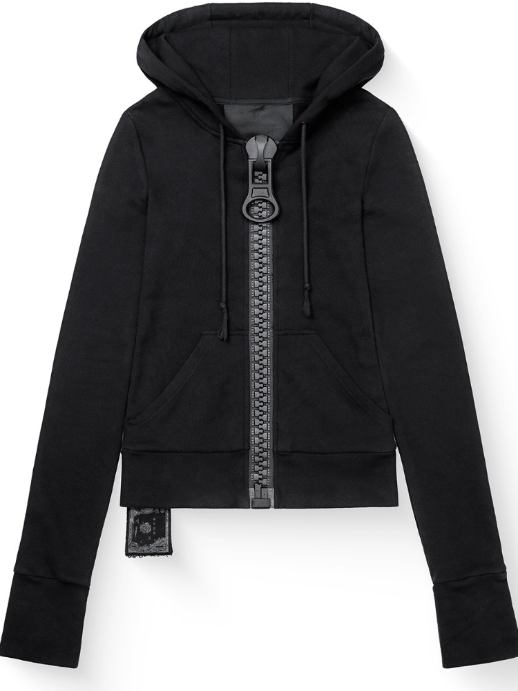 Embroidery Zip Up Hoodie - Y2K Large Zipper Color-Block Slimming Hoodie
