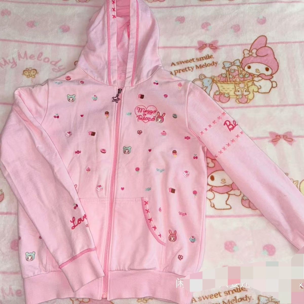 Embroidery Zip Up Hoodie - Japanese Cartoon Mp Embroidery Cute Daughter