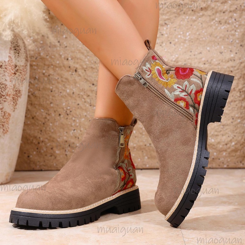 Embroidery Flower - Flower Embroidery Suede Ankle Boots Women