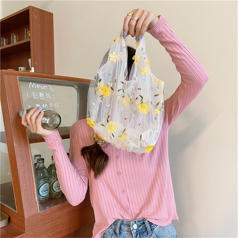 Embroidery Fonts - Korean Transparent Lace Embroidered Flower Handbag,Flower