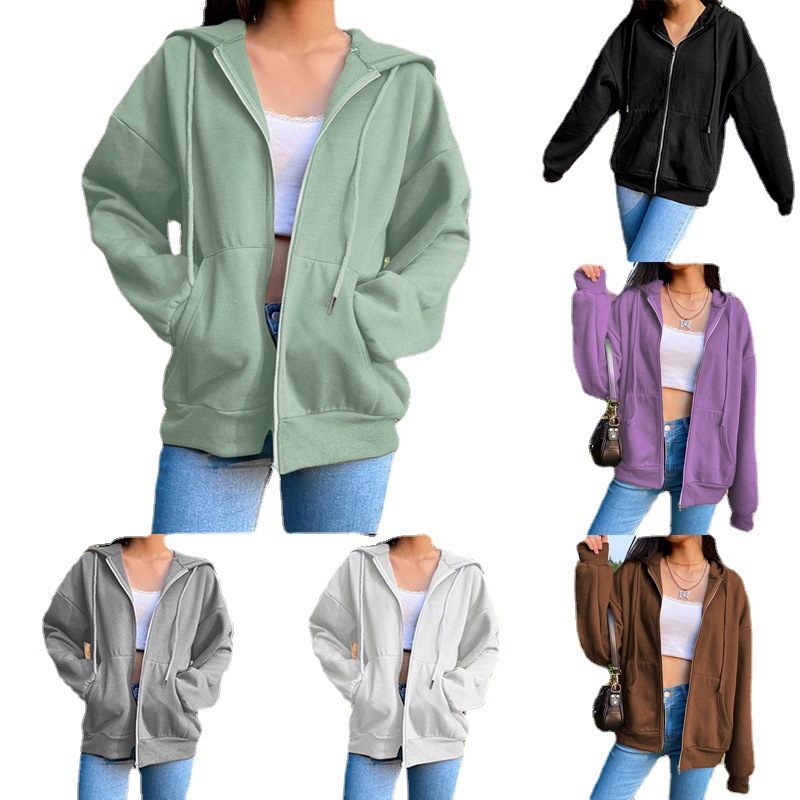 Embroidery Zip Up Hoodie - 2025 Solid Color Women Hooded Zipper