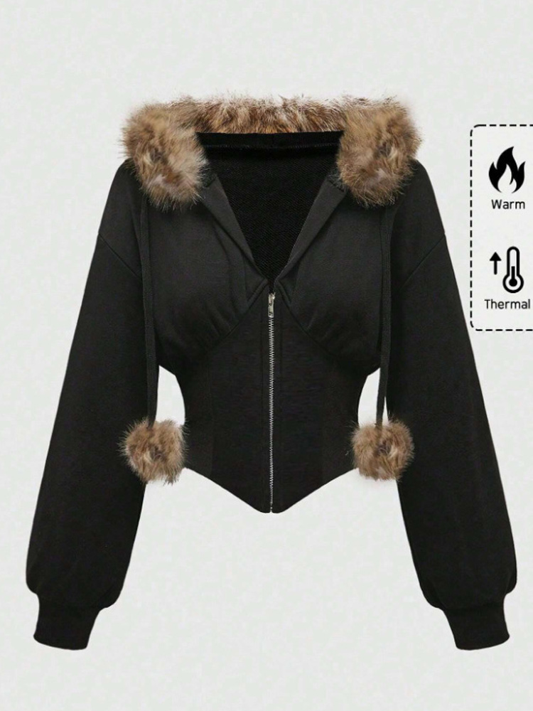 Embroidery Zip Up Hoodie - Autumn Winter Faux Fur Collar Solid