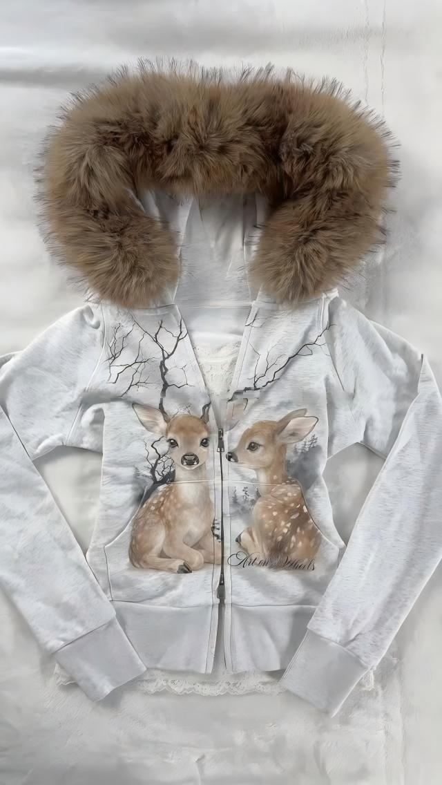 American Retro Deer Print Fur- - Embroidery Zip Up Hoodie recension och pris