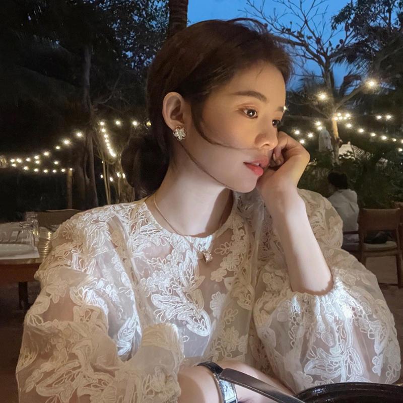 MEXZT Elegant Sheer White Shir - Embroidery On Shirt recension och pris