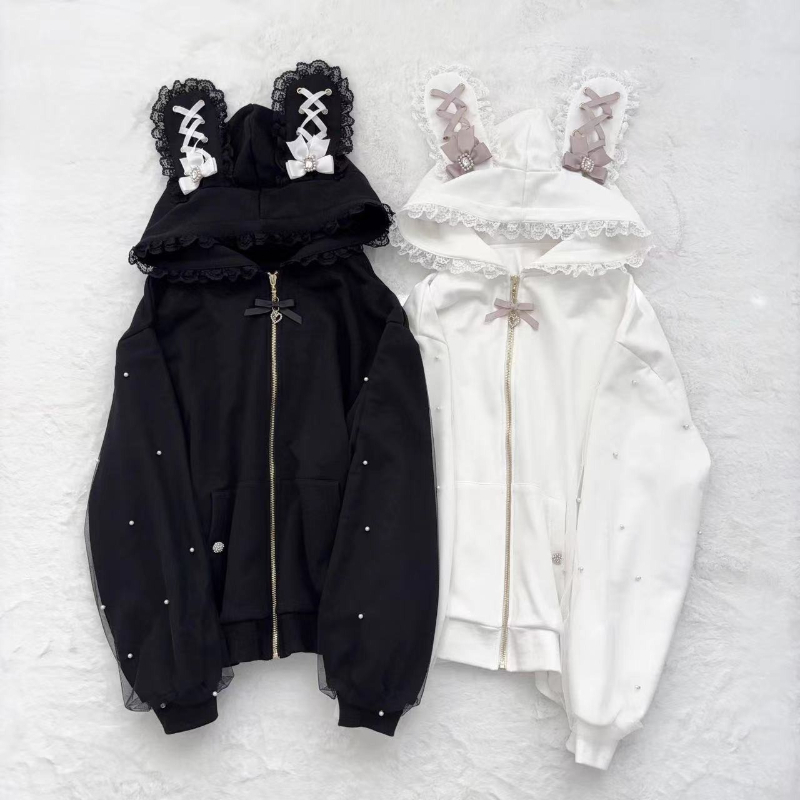 Women Winter Rabbit Ears Lolit - Embroidery Zip Up Hoodie recension och pris