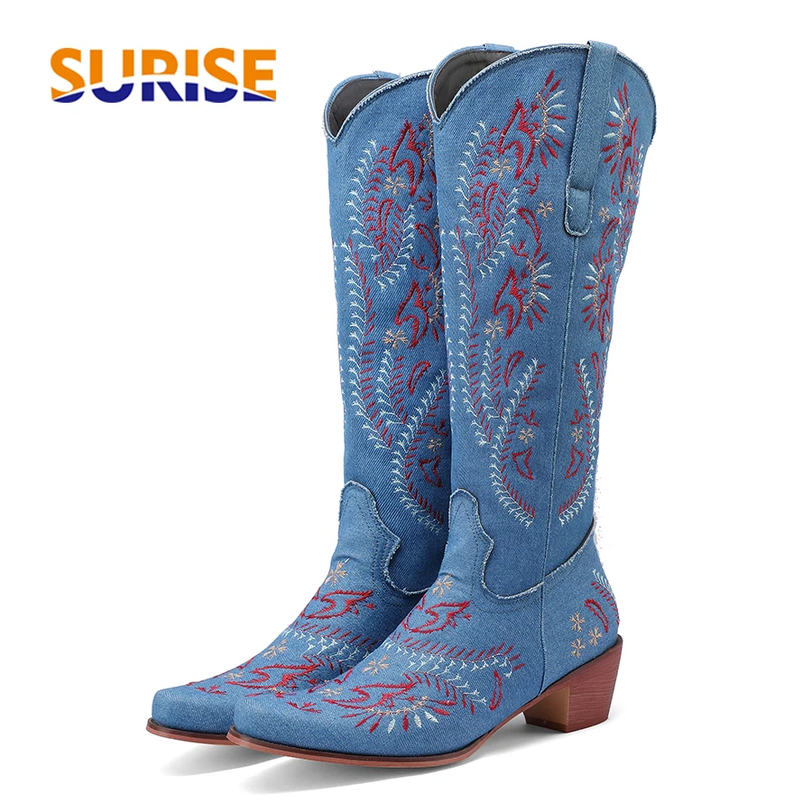 Blue Denim Western Cowgirl Kne - Embroidery Flower recension och pris