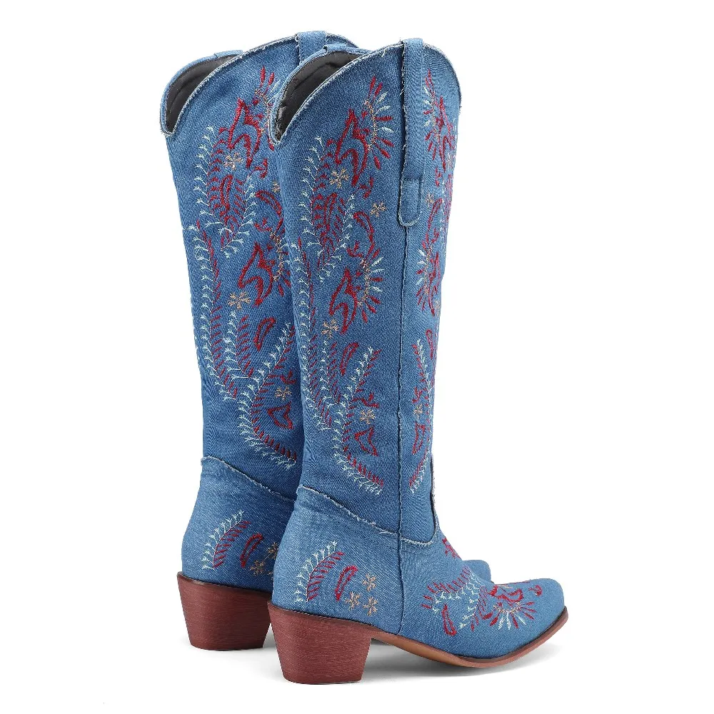Blue Denim Western Cowgirl Kne - Embroidery Flower recension och pris