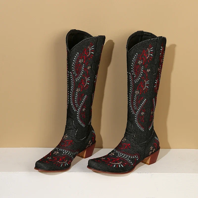 Blue Denim Western Cowgirl Kne - Embroidery Flower recension och pris